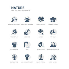 simple set of icons such as pair of flowers, plants growing, mushroom with spots, leafless tree, mountains and falling snowflakes, flower seeds, wate, determination, park bench, clovers. related