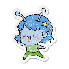 distressed sticker of a happy alien girl cartoon