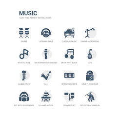 simple set of icons such as pied piper of hamelin, drummer set, dj hand motion, boy with headphones, long play record cover, seven piano keys, sax, bladder pipe, lute, music note black. related