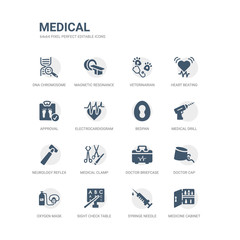 simple set of icons such as medicine cabinet, syringe needle, sight check table, oxygen mask, doctor cap, doctor briefcase, medical clamp, neurology reflex hammer, medical drill, bedpan. related