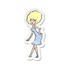 retro distressed sticker of a cartoon woman posing in dress