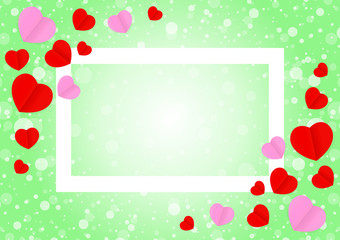 Fototapeta na wymiar empty white frame and red pink heart shape for template banner valentines card background, many hearts shape on green gradient soft for valentine backgrounds, image green with heart-shape decoration