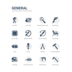 simple set of icons such as nail puller, perforator, stationery knife, fretsaw, sledgehammer, nippers, dyupel, nuts, deckchair, history brush. related general icons collection. editable 64x64 pixel