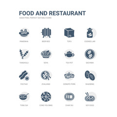 simple set of icons such as soy eggs, char siu, cong you bing, tong sui, shaobing, dongpo pork, zhaliang, youtiao, sachima, tea pot. related food and restaurant icons collection. editable 64x64