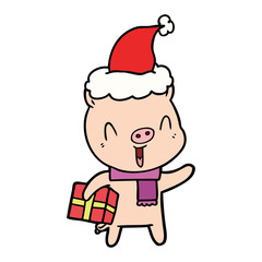 happy line drawing of a pig with xmas present wearing santa hat