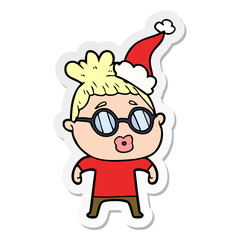 sticker cartoon of a woman wearing spectacles wearing santa hat