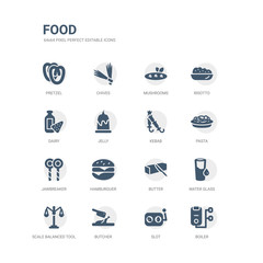 simple set of icons such as boiler, slot, butcher, scale balanced tool, water glass, butter, hamburguer, jawbreaker, pasta, kebab. related food icons collection. editable 64x64 pixel perfect.