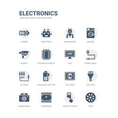 simple set of icons such as tires, nitrate tester, viewfinder, camera back, led light, test card, ecological battery, av cable, power cable, uhd. related electronics icons collection. editable 64x64