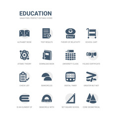 simple set of icons such as cone geometrical, set square school tool, semicircle with ruler, is an element of, greater but not equivalent, digital timer, semicircles, check list, folded certificate,