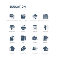 simple set of icons such as graduate cap, 3d dictionary, three books, open file, arrange, lunchbox, mie, fraternity, hand care, swinging. related education icons collection. editable 64x64 pixel