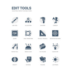 simple set of icons such as lightness, folders, defining, opacity, curvature, file folder, needle case, repair tool, registration mark, school triangle. related edit tools icons collection. editable