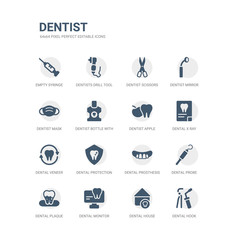 Fototapeta premium simple set of icons such as dental hook, dental house, dental monitor, plaque, probe, prosthesis, protection, veneer, x ray, dentist apple. related dentist icons collection. editable 64x64 pixel