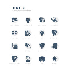 simple set of icons such as tampon, aid, baby dental, bacteria in mouth, breath, broken tooth, check up, clinic, damaged tooth, decay. related dentist icons collection. editable 64x64 pixel perfect.