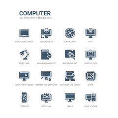 simple set of icons such as work station, device, industrial, tv remote, chips, notebook and mouse cursor, monitor and computer mouse, monitor with mouse cursor, video lecture, surfing the net.