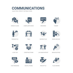 simple set of icons such as flag waving, ink bottle, digital phone, chat message, broadcasting, live news report, constructivism, i love you, news anchor, waving flag. related communications icons