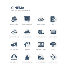 simple set of icons such as image fotogram, 3d paper glasses, mole antonelliana in turin, round carpet, solid, watching a video on a tablet, jimmy jib, film strip with play triangle, movie clapper,