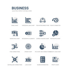 simple set of icons such as profit chart, numbe information, loss chart, centralized connections, smooth line chart, pie and connections, spider item connections, portion pie connection box related