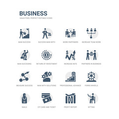 simple set of icons such as sitting, profit report, cit card and ticket, nails, ferris wheels, professional advance, man with solutions, measure success, partners in business, increase rate. related