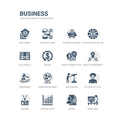 simple set of icons such as work table, expert, graphic chart, lanyard, fat man with hat and moustache, man looking, businessman inside a ball, punishment, ideas to earn money, speech bubbles with