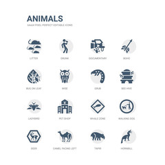 Fototapeta na wymiar simple set of icons such as hornbill, tapir, camel facing left, deer, walking dog, whale zone, pet shop, ladybird, bee hive, grub. related animals icons collection. editable 64x64 pixel perfect.