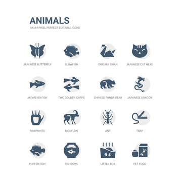 simple set of icons such as pet food, litter box, fishbowl, puffer fish, trap, ant, mouflon, pawprints, japanese dragon, chinese panda bear. related animals icons collection. editable 64x64 pixel