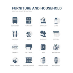 simple set of icons such as waste basket, laundry hamper, window coverings, carpet sweeper, wall shelves, rugs, table linens, cabinets, card table, glassware. related furniture and household icons