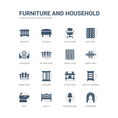 simple set of icons such as adornment, bedroom lamp, bench, bidet, chest of drawers, coffee table, cupboard, dining room, dining table, double door. related furniture and household icons collection.