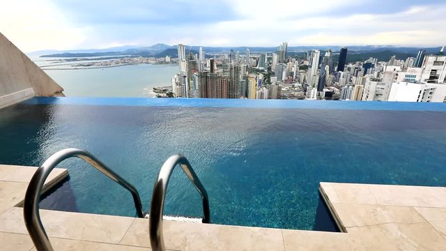 skyline of Panama City from a swimming pool