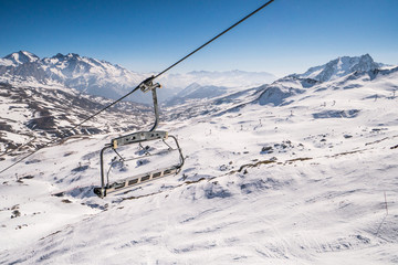 View of a chairlift in Formigal Ski Resort, Pyrenees, Spain. Beautiful view from the chair.