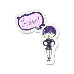 retro distressed sticker of a cartoon vampire saying hello