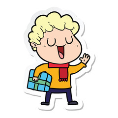 sticker of a laughing cartoon man with present