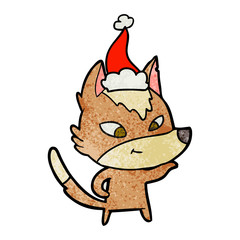 friendly textured cartoon of a wolf wearing santa hat