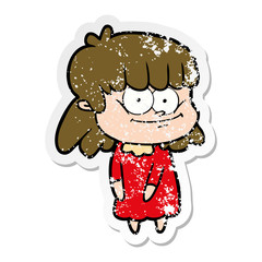 distressed sticker of a cartoon smiling woman