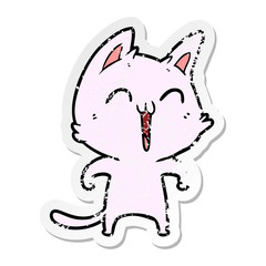 distressed sticker of a happy cartoon cat meowing