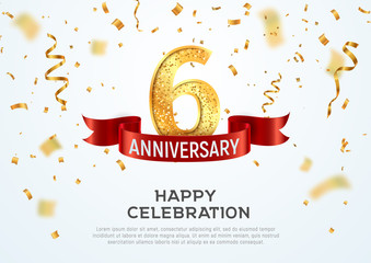 6 years anniversary vector banner template. Six year jubilee with red ribbon and confetti on white background - obrazy, fototapety, plakaty
