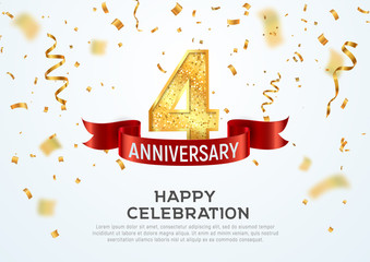 4 years anniversary vector banner template. Four year jubilee with red ribbon and confetti on white background - obrazy, fototapety, plakaty