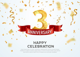 3 years anniversary vector banner template. Three year jubilee with red ribbon and confetti on white background