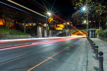 Fototapeta na wymiar Headlights of cars, taken on Plovdiv city, Bulgaria with long-term exposure 