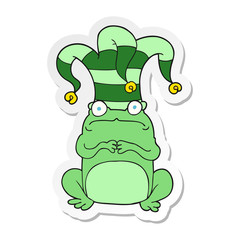 sticker of a cartoon nervous frog wearing jester hat