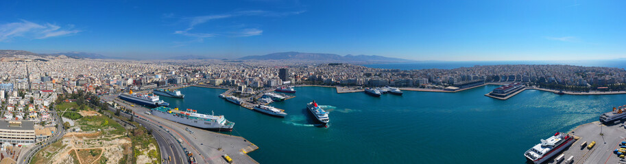 Aerial drone bird's eye view of famous port of Piraeus one of the largest in Europe, Attica, Greece