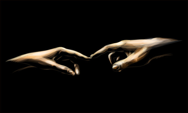 Colored sketch touching hands