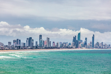 Naklejka premium Surfers Paradise city skyline and the ocean. Gold Coast, Queensland, Australia