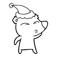line drawing of a whistling bear wearing santa hat