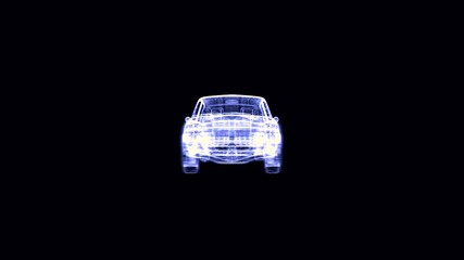 Old fashioned car hologram rotating on black background, monochrome. Auto vehicle wireframe spinning and falling apart into the dust.