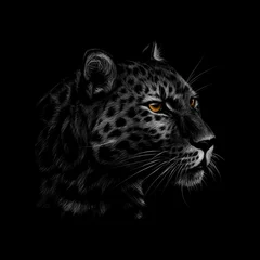 Foto op Plexiglas Portret van een luipaardkop op een zwarte achtergrond. © kapona