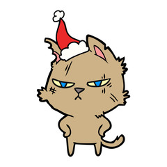 tough line drawing of a cat wearing santa hat