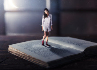Good night concept with shrinked young woman