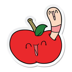 sticker of a cartoon worm in happy apple