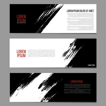 Set of three horizontal banners, abstract headers with hand painted ink strokes, artistic background collection. Monochrome painted texture.