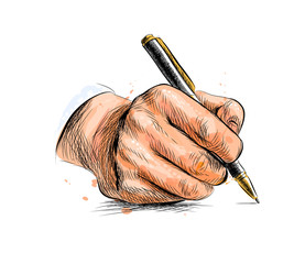 Male hand with pen from a splash of watercolor
